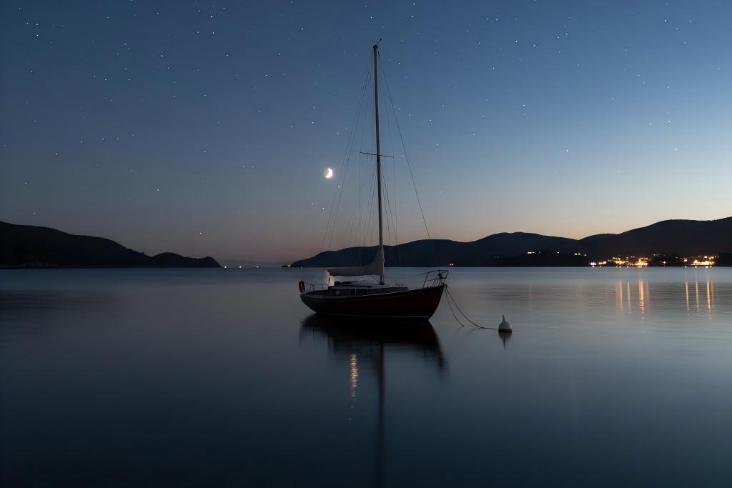 boat anchored overnight under clear sky